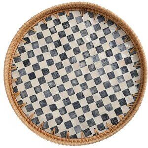 Round Rattan Tray Black Mother of Pearl Inlay Coffee Table Kitchen Decor